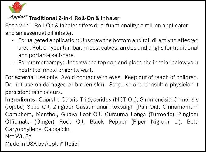 Traditional – Muscle Oil Roll On Inhaler – 2-in-1 Aromatherapy Roller – Plai Oil Ginger Turmeric Massage - Soothing - Muscle Roller Lumbar Knees & Calves- Lavender - 2g