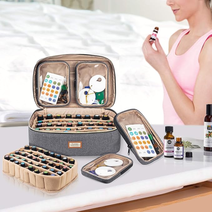 CURMIO Essential Oil Storage Case for 40 Bottles (5ml-30ml), Essential Oils Organizer Case with 2 Detachable Visible Pouches and Portable Handle, Patented Design, Gray (Bag Only)