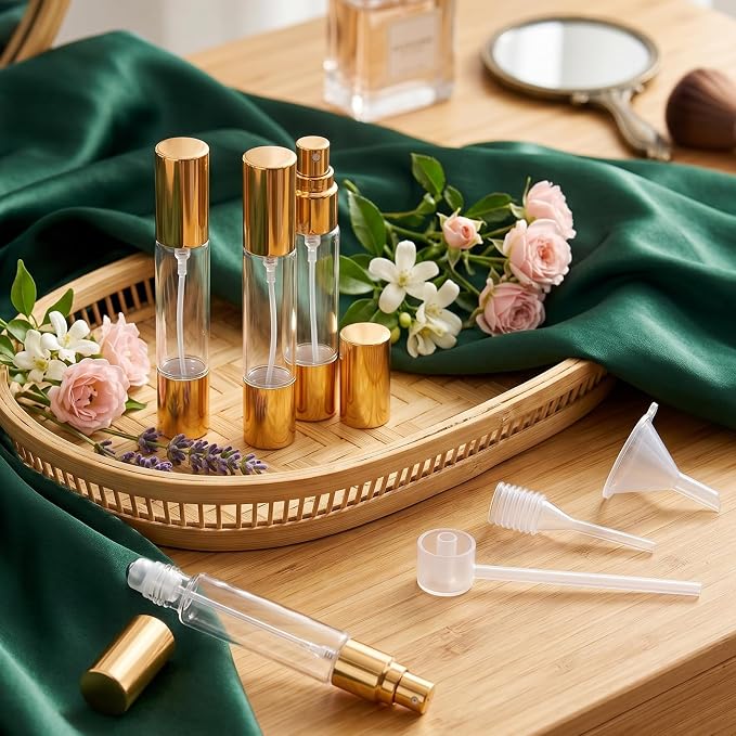 4-Pack Double-Ended Travel Perfume Bottles, 10ml Glass Roll-on & Spray Atomizer Leakproof Kit, Refillable Essential Oil Applicator with Funnel & Dropper for Fragrance, Skincare Serums