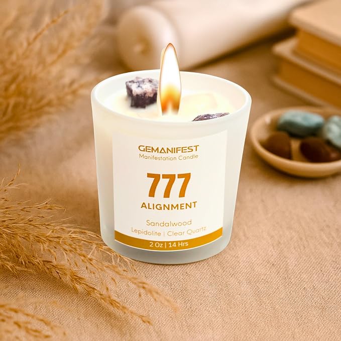 Angel Number 777 Manifestation Candle Crystal Infused Soy Wax with Lepidolite and Clear Quartz Sandalwood Scented Spiritual Gift for Alignment and Energy Clarity