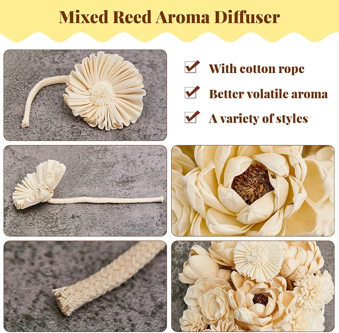 Waydress 15 Pcs Mixed Reed Diffuser Sticks Flowers, Wood Flower Diffuser Reeds Refill with Rope, Sola Reed Diffusers Set for Bathroom, Bedroom, Home Decor(1.57-3.35 Inches,Cute)