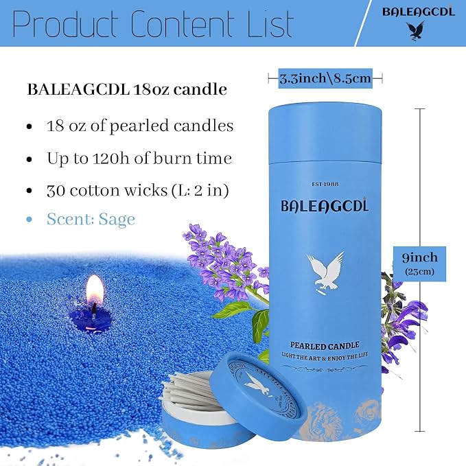 Dewdrop Sage Pearled Candle – 18oz Sage Scented Sand Candles with 30 Wicks | Refillable Dark Blue Wax Long-Lasting Powder 120 Hours for Meditation & Relaxation