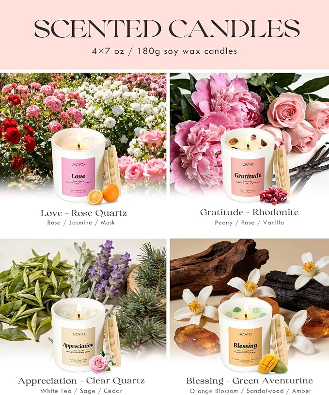AOOVOO Fathers Day Candles Set for Dad - 4 Pack Candles for Home Scented, Aromatherapy Candle with Crystals, Gratitude Rhodonite/Appreciation Clear Quartz/Blessing Aventurine/Love Rose Quartz