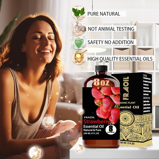 Strawberry Essential Oil, Strawberry Oil 8 Fl Oz 240ML for Diffuser Humidifier Yoga Cleaning DIY Candle Soap Making Perfume Gift for Women Essential Oils FRAOIL (Strawberry 8 Fl Oz (Pack of 1))