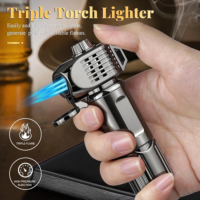 Butane Torch Lighter Build-in Holder, Punch, Windproof Triple Jet Flames Lighters with Safety Lock, Adjustable Flame, Metal Pocket Lighter for Candle, Grill, Men's Gift (NO Gas)