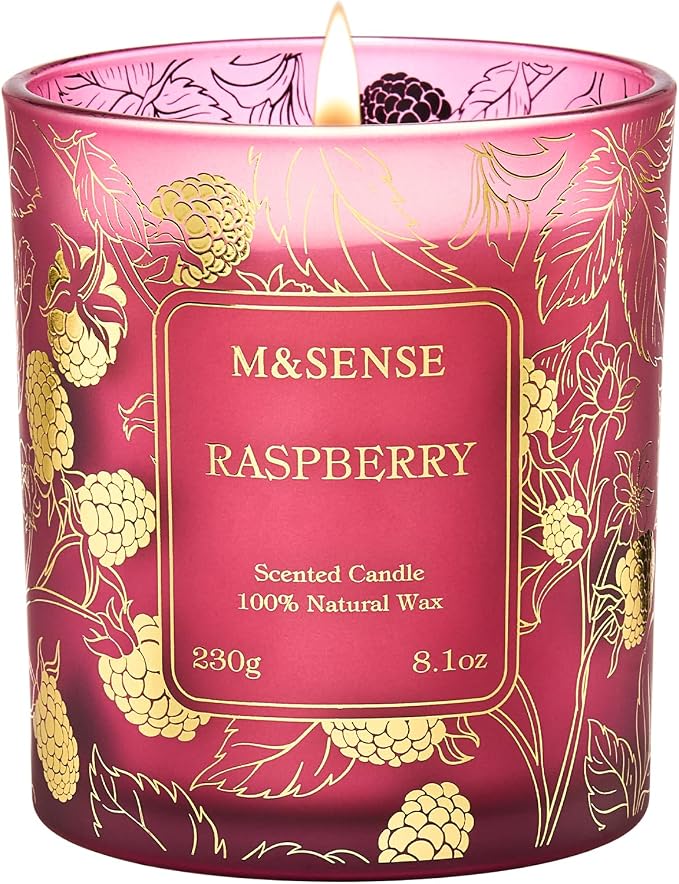 M&SENSE Raspberry Scented Vegan Soy Candles, No Toxin Refreshing Fragrance, 8.1oz 42-Hour Long Burning, Stress Relief Summer Home Candles, Housewarming Gift for Men & Women