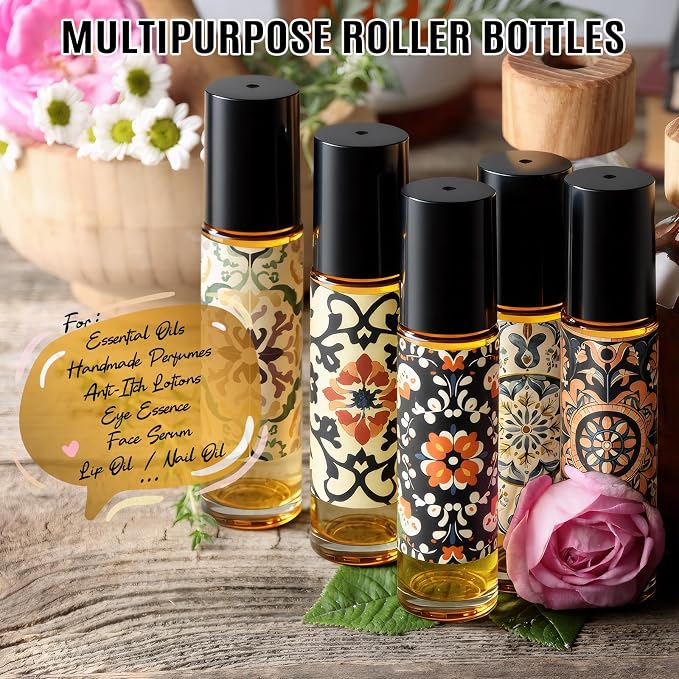 Roller Bottles for Essential Oils Roll On Bottles 8 Pack, 10ml Oil Roller Bottle Amber Thick Glass Empty with Oil Perfume Lip Gloss DIY Kits Boho Stickers Leak-Proof Refillable for Travel, Gift