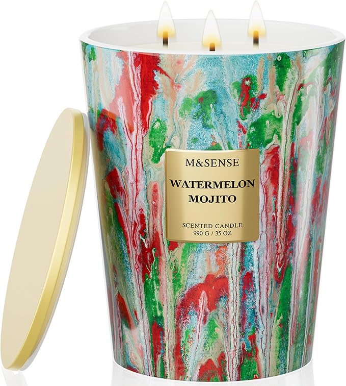 M&SENSE Large Watermelon Scented Soy Candle | 35oz, 150 Hours, 3-Wick Clean Burning, Natural Summer Candles, Family-Friendly Housewarming Gift