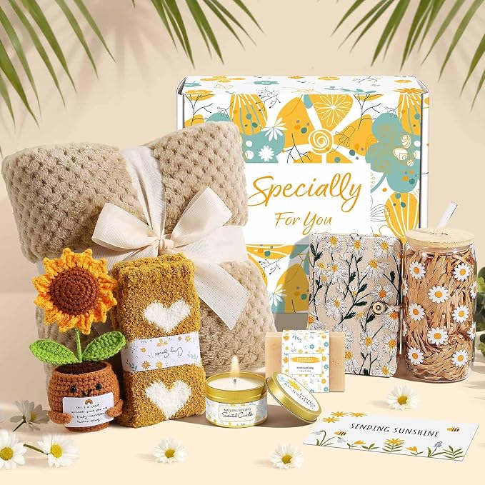 Wasocol Self Care Gifts for Women Gift Baskets，Sending Sunshine Thinking of You Care Package Spa Gift Sets, Unique Happy Birthday Gifts for Women Mom Sister Wife Grandma Best Friends Her - Khaki