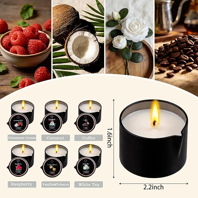 6 Pack Low Temperature Massage Oil Candle Set - Soy Wax that Melts Into Skin Nourishing Body Oil Massage Candle for Home Spa, Massage Therapy, Relaxation - Natural - 2.35 oz Each