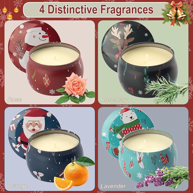 Christmas Scented Candles Gifts - Xmas Candle Gift Set for Women Men Aromatherapy Soy Wax Natural Small Festival Aroma Candle Gift 4 PCS 4.4 Oz for Mothers Day Birthday Diwali Teachers Girls