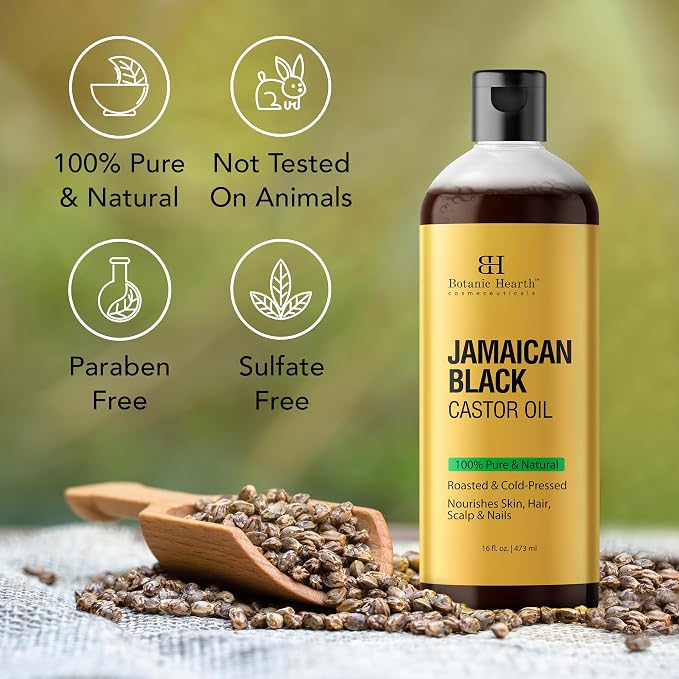 Botanic Hearth Jamican Castor Oil 8 Fl Oz| 100% Pure & Natural, Cold Pressed |For Hair, Eyelashes & Eyebrows | Hexane Free, Fast Absorbing | with Massage Roller Ball