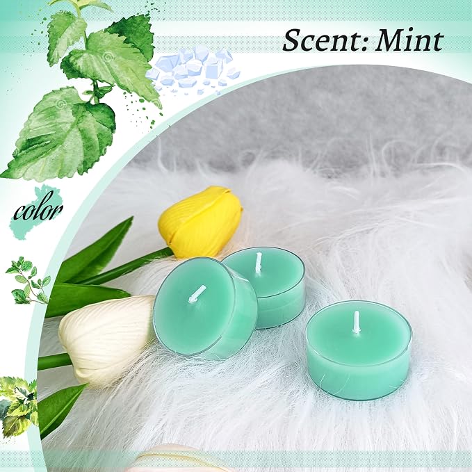 Mint Scented Tealight Candles, Blue Scent Tea Lights Candles Clear Cup, 24 Pack Colored Tealights Candle, 6 Hour Burn Time Tea Candles for Party, Decor, Spa, Shabbat
