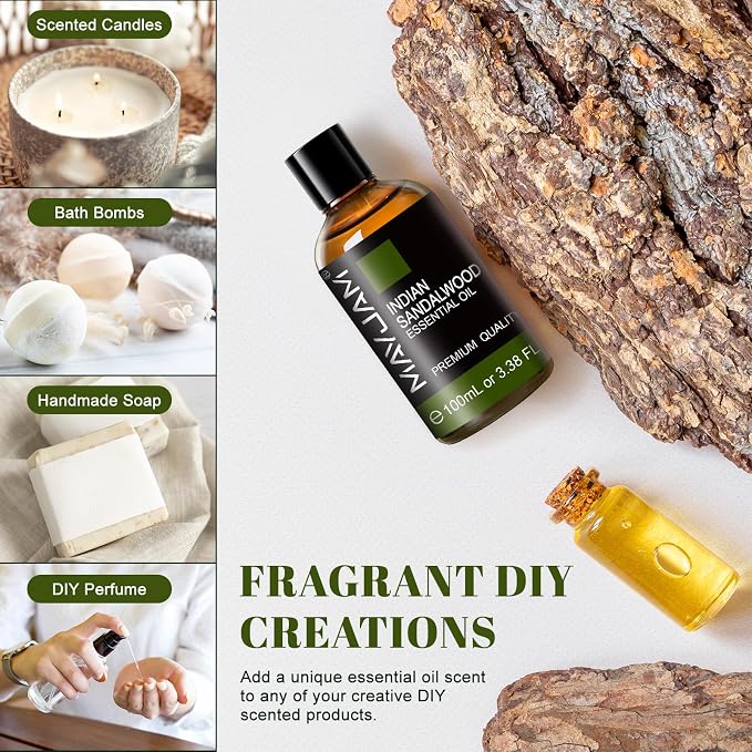 MAYJAM Indian Sandalwood Essential Oils 3.38 FL.OZ Pure Indian Sandalwood Oil for Massage Skin Care Hair Care Diffuser Candle and Soap Making - 100ml