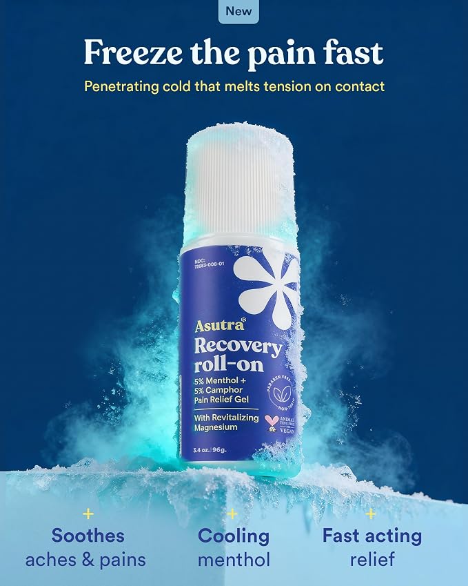 ASUTRA Recovery Roll-On Gel, 3.4 oz - Cooling and Warming Sensation, Temporary Relief from Muscle Discomfort and Soreness, Mess-Free Applicator, Menthol, Camphor, and Premium-Quality Magnesium