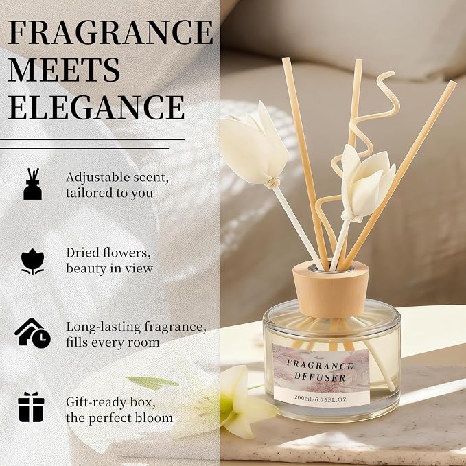 6.7 fl oz Reed Diffuser Set, Blooming Hills with Blush Petals Scent, Essential Oil Diffuser with Reed Sticks, Air Freshener for Home Fragrance, Bathroom Decor, Bedroom, Office Shelf Décor