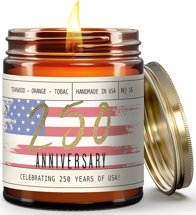 250 Anniversary USA Merchandise Women Patriotic Candles -w/Teakwood, Tobacco, Orange - 4th of July Candles Gifts for Women I Red White and Blue Candle I America 250 Merchandise I50Hr Burn Made in USA