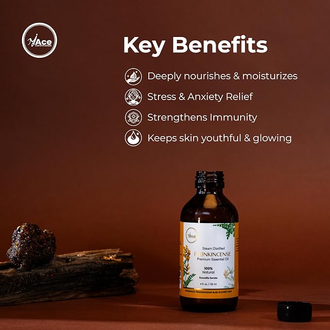 My Ace Frankincense Essential Oil 4oz – 100% Pure & Natural, Premium Grade, Undiluted Boswellia Serrata Oil for Diffuser, Aromatherapy, Skin & Hair Care, Amber Glass Bottle with Dropper