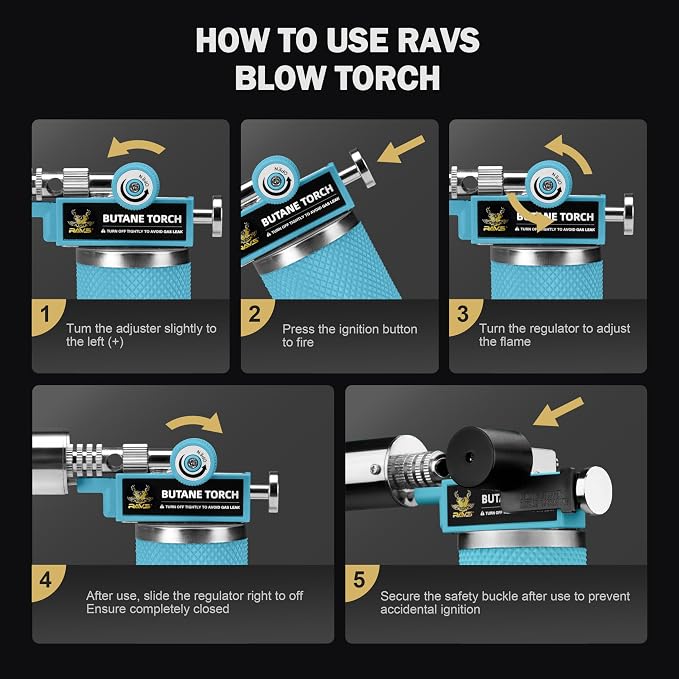 RAVS Butane Torch Lighter, Refillable Kitchen Torch with Adjustable Flame and Safety Buckle, Premium Metal Mini Torch for Baking, Soldering, Resin Art, Blue, Butane Not Included