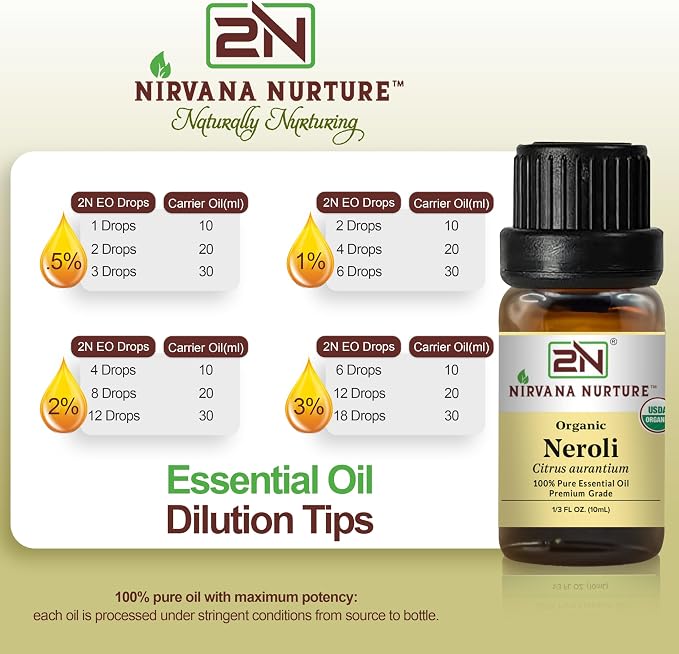 Neroli Essential Oil, USDA Certified Organic, 100% Pure Undiluted, Aromatherapy Oil for Diffuser, Hair & Skin Care