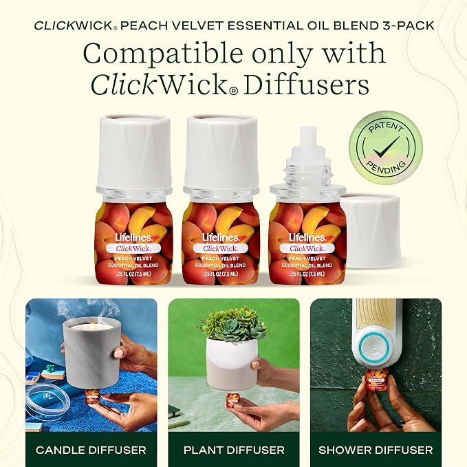 Lifelines ClickWick Essential Oil Blends for Lifelines Diffusers, 3-Pack Peach Velvet Set – Essential Oil Blend Refill for Candle, Plant & Shower Aromatherapy Diffuser – Fragrance for Diffusers