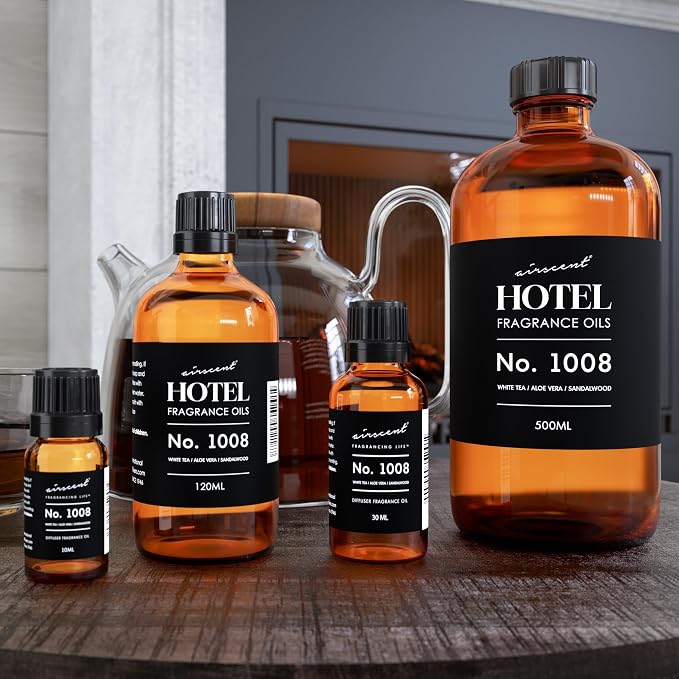 AirScent Hotel Diffuser Oil No. 1008 - White Tea Aloe Vera Sandalwood - Hotel Scent Dupe - Premium Fragrance Oil for Ultrasonic and Waterless Diffusers and Crafting - 500 mL, 16.9 fl oz Bottle