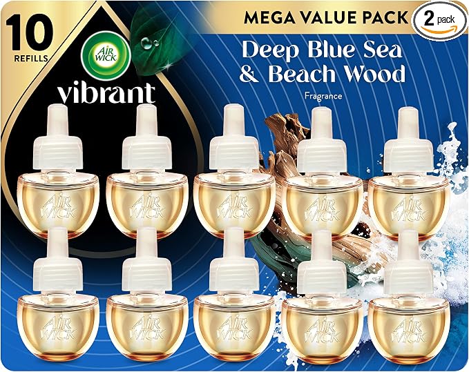 Air Wick Vibrant Plug In Scented Oil Refill, Infused with Essential Oils, Plug In Air Fresheners for Home, Deep Blue Sea & Beach Wood, 5 ct (Pack of 2)