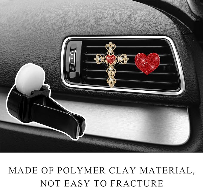 2 PCS Bling Car Vent Clip, Crystal Rhinestone Cross and Heart Car Air Fresheners Vent Clips, Diamond Car Air Conditioner Outlet Decoration Charm for Women, Car Accessories (Red)