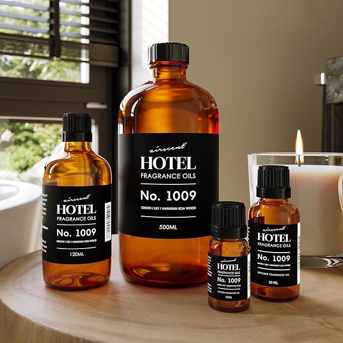 AirScent Hotel Diffuser Oil No. 1009 - Lemon Lily Hawaiian Koa Wood - Hotel Scent Dupe - Premium Fragrance Oil for Ultrasonic and Waterless Diffusers and Crafting - 500 mL, 16.9 fl oz Glass Bottle
