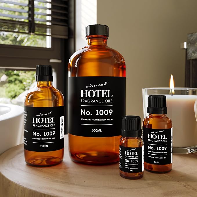 AirScent Hotel Diffuser Oil No. 1009 - Lemon Lily Hawaiian Koa Wood - Hotel Scent Dupe - Premium Fragrance Oil for Ultrasonic and Waterless Diffusers and Crafting - 10 mL, .34 ﬂ oz Glass Bottle