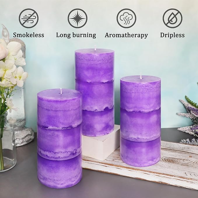 CRYSTAL CLUB Lavender Scented Pillar Candles, Set of 3 Tall 3x6 Inch Candles Rustic Purple, Clean Burning and Dripless Candle Lights, for Home Decor, Wedding, Party Decorations Lilac Candle