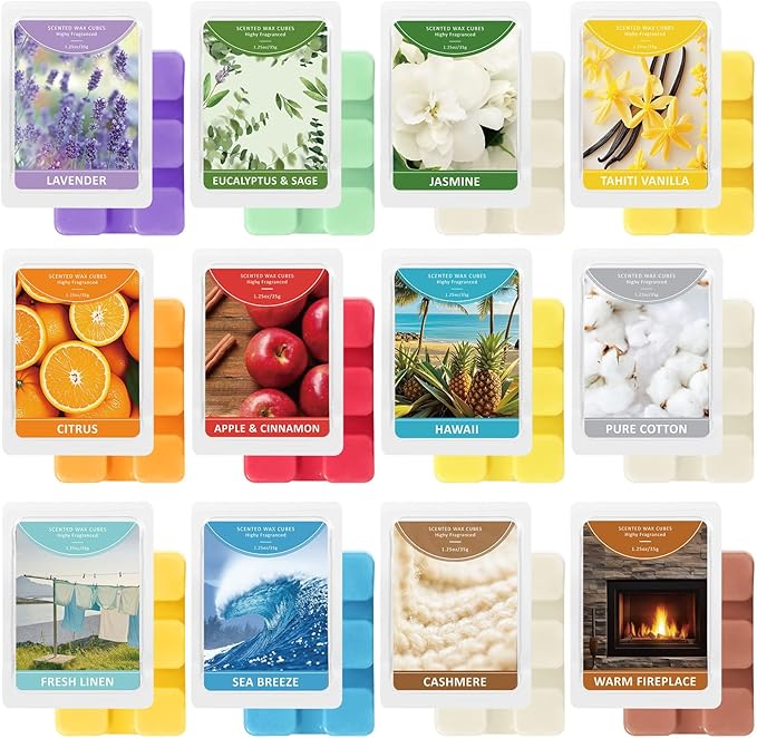 SCENTORINI Scented Wax Melts 12 Pack - Spring & Summer Assorted Scents Including Pure Cotton, Tahiti Vanilla, Jasmine & Eucalyptus Sage | Strong Fragrance Wax Cubes for Warmer, Home, Office Relaxation