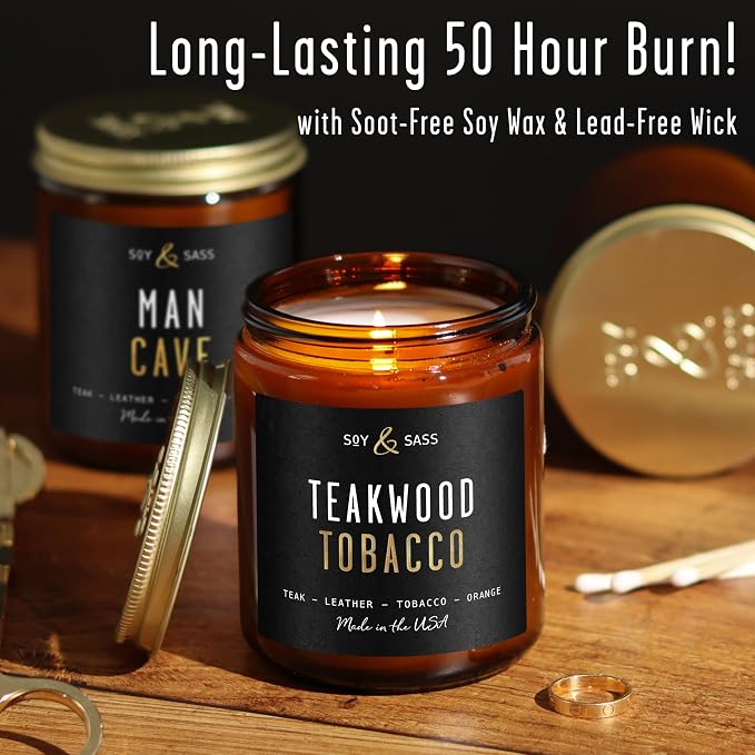 Teakwood & Tobacco Candle I Scented Black Candles for Men or Women - Teakwood, Tobacco & Orange Soy Wax Mens Candle - Infused w/Essential Oils | Long-Lasting 50Hr Burn, 9oz I Non Toxic I Made in USA