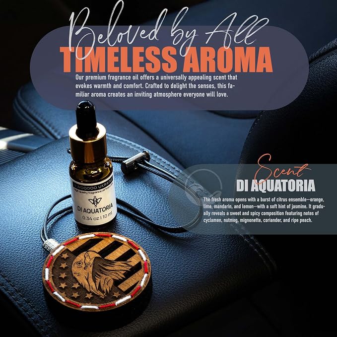 Handmade Wood Car Air Freshener — American Flag Designed Refillable Essential Oil Diffuser — Long Lasting diAquatoria Fragrance Oil 10 ml — Car Accessories Gift Box