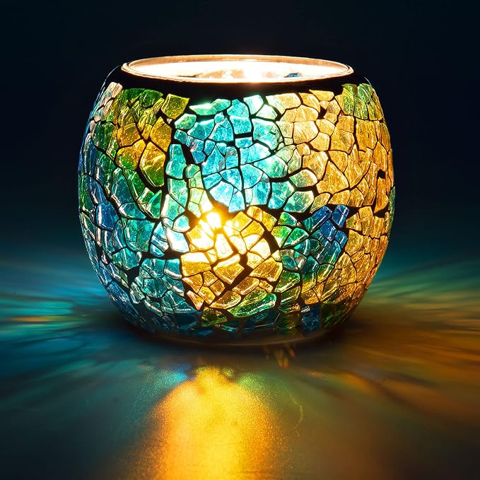 Rancco Glass Votive Candle Holder for Tealight, Romantic Mosaic Cracked Candle Holder, Candle Lamp Aromatherapy Candlescape Bowl for Valentine's Thanksgiving, Christmas Table Centerpiece, Party Decor