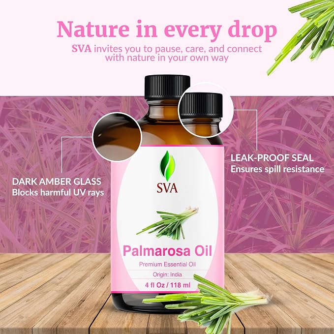 SVA Palmarosa Essential Oil – 4 Fl Oz – 100% Natural Palmarosa Oil - for Diffuser, Hair Care, Face, Skin Care, Aromatherapy, Scalp and Body Massage, Soap and Candle Making – with Dropper