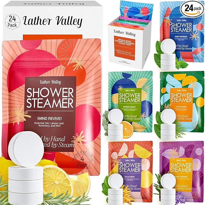 Aromatherapy & Sport Shower Steamers – 24 Pack Shower Bombs with 6 Scents, 100% Pure Essential Oils, Refreshing & Relaxing, Spa & Birthday Gifts for Women, Ideal Summer Self-Care & Father’s Day Gift