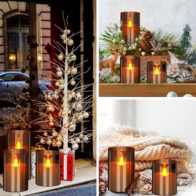wemarry Flameless Candles 4" 5" 6" Acrylic Glass Pillars 3" Diameter Battery Operated Flickering Candles Include 8-Key Remote with Timer Function 400+ Hours (Gray, Warm Light 3 Pack)