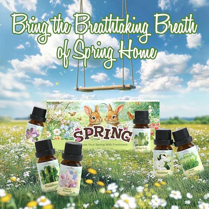 Spring Essential Oil Set of Premium Fragrance Oils for Diffuser- Includes Cherry Blossom, Fresh Cut Grass, Spring Rain, Bamboo, Freesia, Jasmine Diffuser Oils, Candle Making for Aromatherapy, Home Car