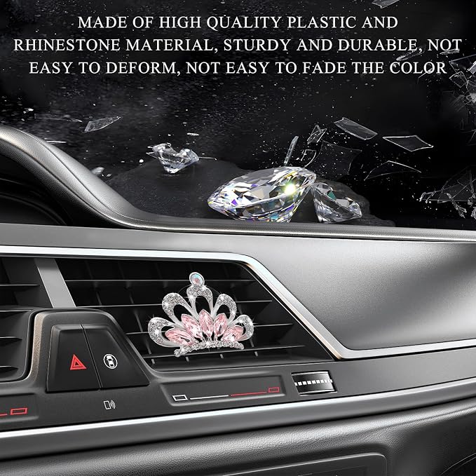 Yourkar 2 PCS Bling Car Air Vent Clips, Crystal Rhinestone Crown Vent Decorative Air Freshener Clips, Sparkly Diamond A/C Outlet Aroma Diffuser Clip for Vehicles, Car Accessories (Pink)