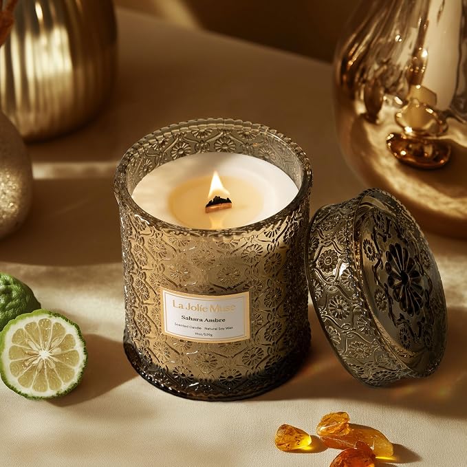 LA JOLIE MUSE Sahara Amber Scented Candles for Home, 19 oz Natural Soy Wax | Large Jar Luxury Candle, Clean Non Toxic, Gifts for Women & Men, Decorative Candles, Wood Wick, Bergamot, Musk & Patchouli