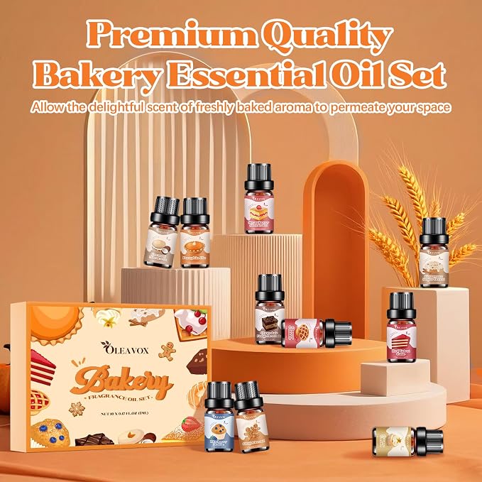 Bakery Essential Oils Set,Premium Fragrance Oil for Diffusers, Scents for Candle & Soap Making, Pumpkin Pie, Cream Vanilla, Gingerbread,Cinnamon Sugar Donut and Cake More 10x5ml,Aromatherapy Oils