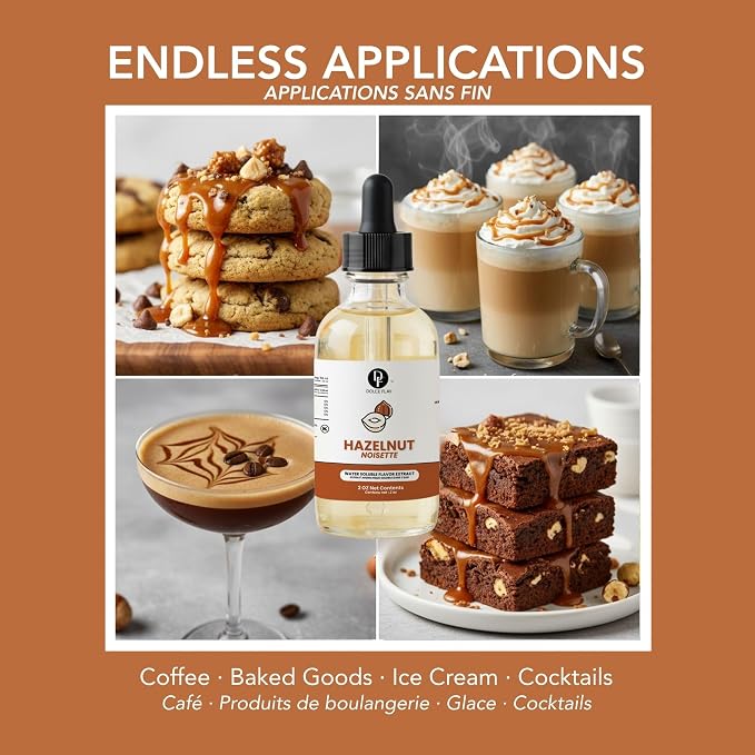Dolce Flav Natural Hazelnut Extract – 2 Ounce Water-Soluble Kosher, Sugar-Free, Concentrated Toasted Hazelnut Flavoring for Coffee, Baking & Desserts, Includes Measured Dropper