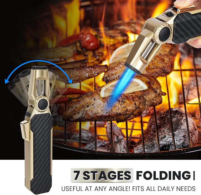 Butane Torch Lighter Kitchen Torch with Safety Lock, Butane Refillable Gas Lighter Cooking Torch - Adjustable Windproof Jet Flame for Camping Baking BBQ Soldering Grill Candle (Gas Not Included)