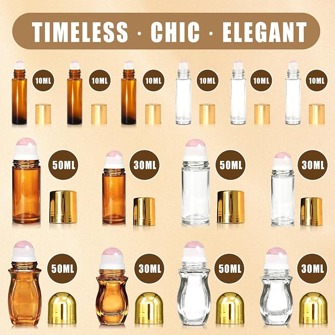 14 Pack Rose Quartz Roller Bottles for Essential Oils, 50ml Refillable Amber Glass Roll On Bottles with Natural Crystal Roller Balls, Leak-Proof Travel Perfume Bottle with Gold Caps