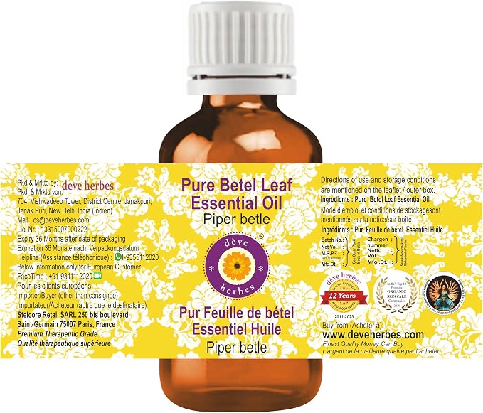 dève herbes Betel Leaf Essential Oil (Piper betle) Pure | Non-Sticky | Non-Greasy | Lightweight | Men & Women | All Skin Types | Steam Distilled 5ml (0.16 oz)