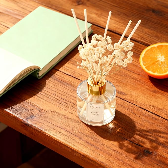 Reed Diffuser Set - 3.38 fl Oz Clean Linen Scent Aromatherapy Oil with Preserved Baby's Breath & Cotton Sticks | Home Fragrance for Bedroom, Bathroom, Living Room | Gift Ready Decor