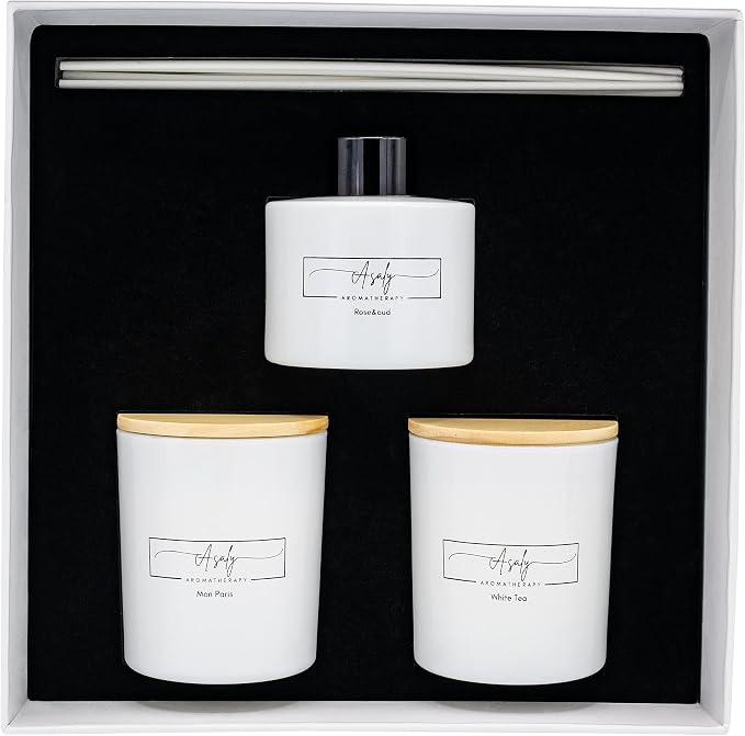 ASALY Luxury Candle & Reed Diffuser Gift Set - 2 Soy Wax Candles (30 Hr Burn) + 1 Reed Diffuser | White Tea, Mon Paris & Rose Oud Scents | Elegant Gift Box | Birthday, Anniversary, Mother's Day
