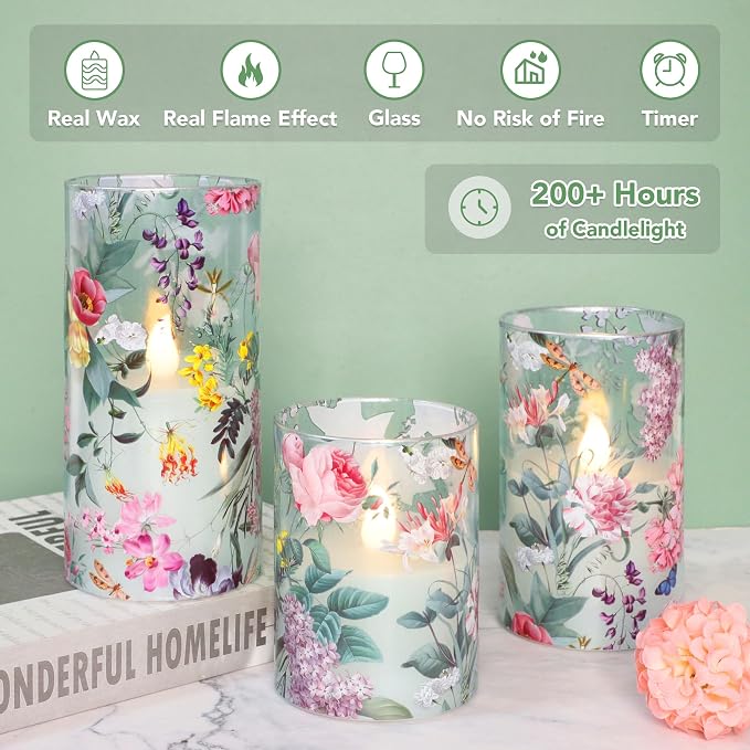 Floral Flameless Candles with Remote Timer, Pink Rose and Lilac Pattern LED Glass Candles, Battery Operated for Home Party Wedding Christmas Spring Valentine's Day Decor, Set of 3