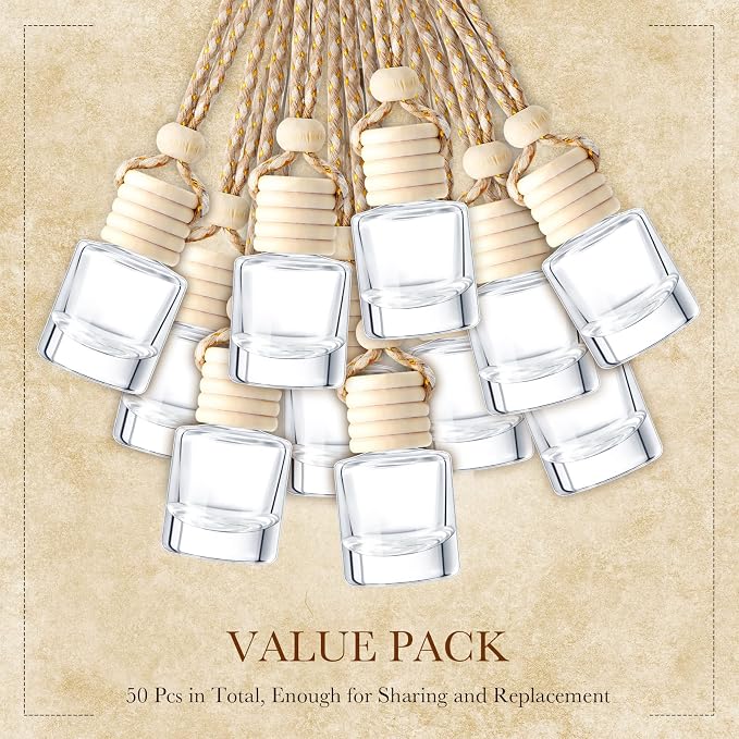 BBTO 50 Pcs Hanging Car Freshener Car Diffuser Bottles with Wooden Caps Empty Glass Perfume Bottle Freshener Diffuser Bottle Pendant for Essential Oil Fragrance Aromatherapy Ornament (Cylinder)